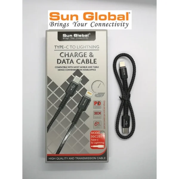 SUN GLOBAL (SGC251) TYPE-C TO IP CHARGE & DATA CABLE 6A (30cm)