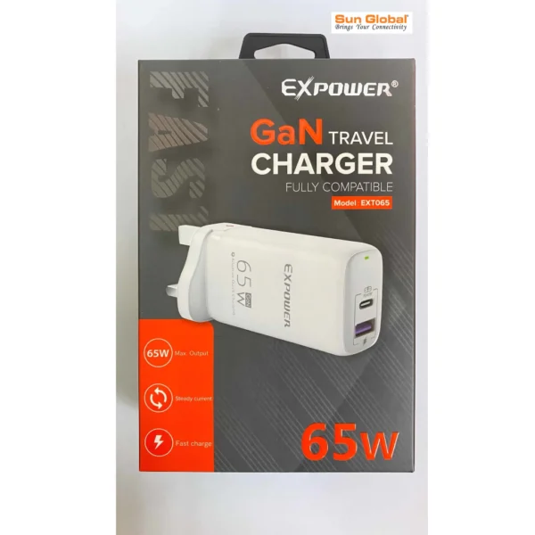 EXPOWER GAN TRAVEL CHARGER FULLY COMPATIBLE PD & QC 3.0 ADAPTOR - 65W (ACC105)